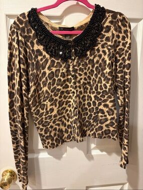 INC International Concepts Leopard Print Cardigan with Black Beaded Collar